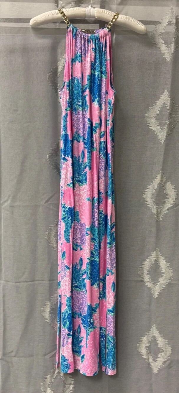 Lilly Pulitzer Bingham Maxi Dress Foxy Llama Pink Blossom Halter Chain Medium